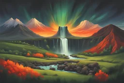 waterfall with green fields, northern lights, a volcano in fire