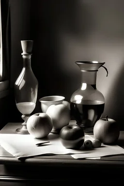 Set up a still life arrangement with objects of different shapes. Create a drawing or painting of the still life, focusing on capturing the shapes, forms, and spatial relationships accurately. with low class of drawing and 2/10 creativity