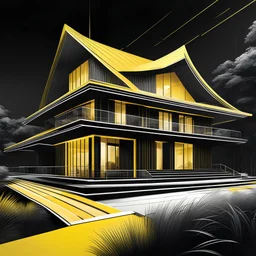 Ilustración minimalista de una casa campestre estilo Zaha Hadid arte nouveau neón lineal color negro blanco y amarillo calidad ultra fondo ciudad