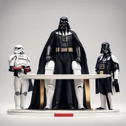 Create a simple illustration that showcases Darth Vader, adorned in his iconic black cape, standing triumphantly on the highest Olympic podium as the undisputed champion wearing a gold medal. Flanking him on two lower podiums are two white-clad Stormtroopers, looking sullen. Set this scene against a white background.