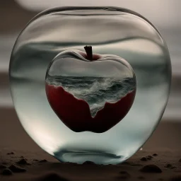 lovely double exposure image by blending together a stormy sea and a glass apple. The sea should serve as the underlying backdrop, with its details subtly incorporated into the glossy glass apple, sharp focus, double exposure, glossy glass apple, (translucent glass figure of an apple) (sea inside) lifeless, dead, glass apple, earthy colors, decadence, intricate design, hyper realistic, high definition, extremely detailed, dark softbox image, raytracing, cinematic, HDR, photorealistic (double exp