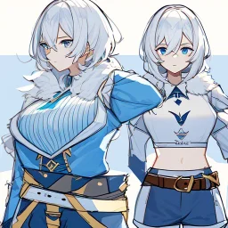 Clear focus, High resolution, rough line sketch art, short fluffy white hair, hair between eyes, fluffy hair, blue eyes, wearing a crop top, wearing shorts, detailed outfit, lots of details, bow on belt, white belt, white and blue everywhere on outfit, cut sleeve, yellow chains around outfit