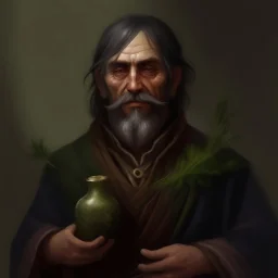 dnd style dark fantasy medieval herbalist. mugshot. oil painting.