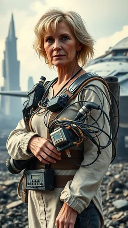 A 60-year-old woman with blond hair, holding an armful of complex electrical equipment, standing in front of a spaceship, with a ruined city in the background.