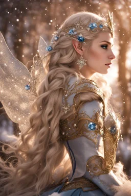 Elven princess,elven crown,long white blonde golden hair,rapunzel hair,ice flowers,beautiful,light blue,dark blue,golden armor,sparkle,glitter,ice flowers,snow,elven ears,dark fairy princess