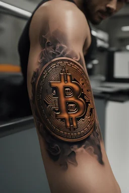 close view of a man's arm that has just been tattood by a branding iron, the branding tool just lifted up from the skin and the tattoo is hot and still smoking from the heat, the tattoo is a Bitcoin symbol. Hyper realistic, 8k, realistic