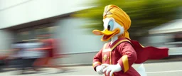 hi speed donald duck as a muslim cross dresser with motion blurred background