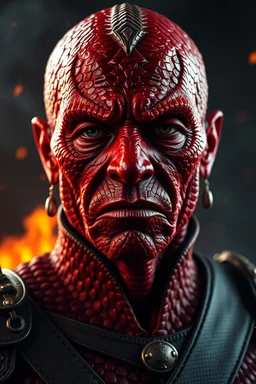 President Carter,. red skin, scales, unreal engine 6, high detail, intricate, cinematic. photoshoot style, intricate, studio lighting, masterpiece , highly detailed, 8k, best quality, fire, smoke, dramatic,d,<lora:mshn:0.7>,<lyco:Warrior_Couture:0.5>,