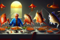 supper, fish sit at the table and eat pieces of people.