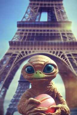 E.T. holding an Easter egg in front of the Eiffel Tower