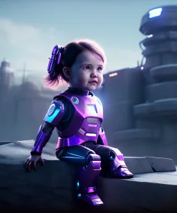 little girl sitting inside a big robot suit, white and purple