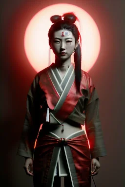 Studio photo portrait, Asian woman samurai, cyberpunk,japanese traditional ornaments, red, white, black, led wires, glow eyes, cinematic, Ultra realistic, wide angle view, soft color, highly detailed, unreal engine 5, RTX, ultra detail, 3d, finely drawn, high definition.