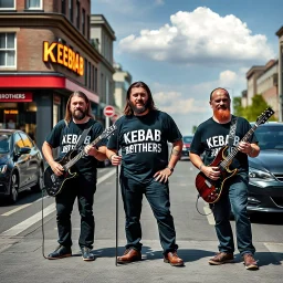 3 swedish Jesus like men in a rockband standing on a busy street wearing a t-shirt and instruments. a kebab brothers t shirt, with a kebab brothers logo, KEBAB BROTHERS tattoo in forehead, KEBAB BROTHERS Sign in background, Kebab brothers store, Kebab Brothers sign on cars, Kebab Brothers cloud in the sky