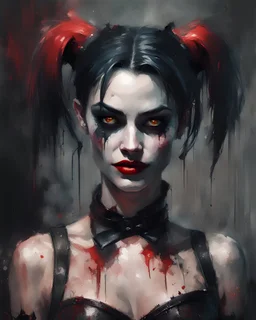 realistic portrait of harley quinn Digital Oil painting in the style of Jeremy Mann, bold loose brushwork, speedpainting, incoherence and chaos. Portrait of a black haired demoness stunning. Messy grunge gritty. Red eyes. wearing black leather corset. Dark colors subdued. Moody ambiance, impressionistic painterly ray tracing. Reminiscent of the surreal style of Miyo Murakami and Natalia Drepina