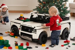 A crying toddler takes a burning car out of a LEGO box marked Land Rover next to the Christmas tree.