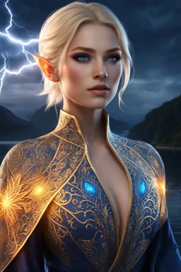 detailed eyes, female russian half elf, curvy, blonde short hairstyle, detailed glowing ornamental magical pattern form fitting robe, glowing gem crackling with lightning implanted on robe, 8k, high detail, lake background, midnight, facing viewer, front facing