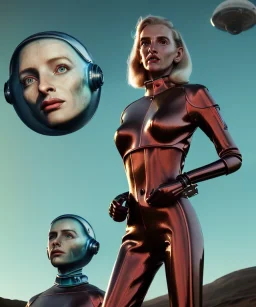 Ultra Realistic retro sci-fi movie scene, 1960 year, waist up view portrait, 3 clones blonde women, sweet young uma Thurman face, perfect iris, glow eyes, face makeup. Mars and martians background, Retro sci-fi style, helmet, tight latex coat, fog, rain, soft color, highly detailed, unreal engine 5, ray tracing, RTX, lumen lighting, ultra detail, volumetric lighting, 3d, finely drawn, high definition, high resolution.