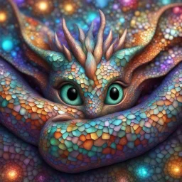 Cute baby dragon with big eyes lying curled up, sparkling colorful 3D fractal skin folds that look like glass, sparkling colorful 3D mosaic background