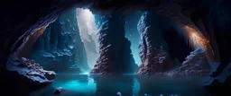 rocky cave . rocky cliff, Palace carved into the rock, galaxy, infinity, space, water , sci-fi.
