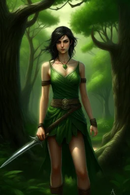 A young dark-haired witch in a green low-cut short skirt, standing under a tree, with a sword in one hand, photorealistic, delicate detail.