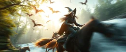 volumetric light, airbrush painting ,evening and motion blur high speed running caped long haired witch on broom- Forgotten Realms dodging flying bats above water fall and along winding branches in lush green forest along speeding horses , bokeh like f/0.8, tilt-shift lens 8k, high detail, smooth render, down-light, unreal engine, prize winning