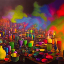 inside factory of colors. smoke rises from multi-colored glassware. color swatches in the background. hyperdetailed, warm colors, detailed painting, photorelistic, oil on canvas, light dust, futuristic. volumetric lighting