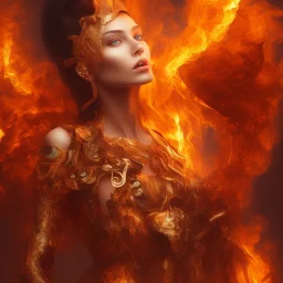 Woman with forest fire hair, heat lightening thoughts, tongue of polished amber and glass, hourglass waist, surreal, hyperdetailed, focused, vibrant colors