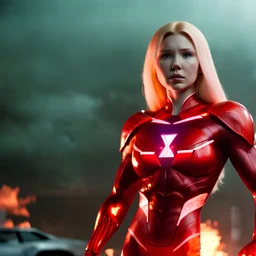 film still, molly quinn, muscular blonde woman, majestic vibrant neon veins, translucent red slime, superhero standing in front of burning car, creepy lighting,