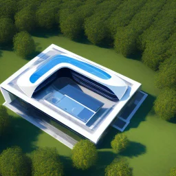 Vista aérea Casa campestre de cristal, estilo Zaha Hadid, ventanas de vidrio azul, Arte digital, calidad ultra, 8k, 3D, clima claro