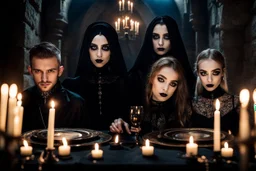 young gothic people with big dark shiny eyes, tiny nose, tiny mouth black nice cloth make a gothic party on big balkone in the castle, nightly mood,pale lights, candles, high detailed, weird, surreal mood, cinematic