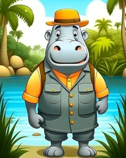 hippo as tourist guide wearing tourist guide uniform, safari landscapebackground, colorful, high quality, high details, realistic