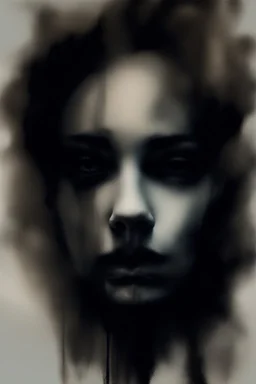 A hauntingly beautiful abstract portrait of a human face emerging from soft charcoal strokes. The figure is partially obscured with blurred, smudged textures, creating an ethereal and ghostly effect. The face conveys subtle sadness and mystery, with deep shadows and faint highlights giving it a timeless ...