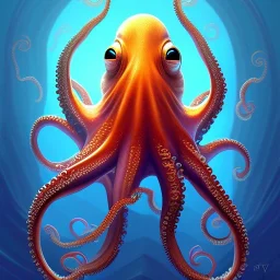  portrait of an octopus with fish in background in the style of Chris Ryniak