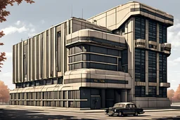 A police station building designed with a combination of Dieselpunk and Bauhaus aesthetics.