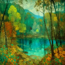 A turquoise jungle with a lake painted by Alfred Sisley, Bruegel painting style