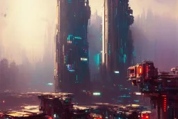 Art by John Berkey and John Harris and Craig Mullins, futuristic cyberpunk city, high rise, smooth, sharp focus, hyper detailed, digital painting, elegant, centered, detailed, neon signs, volumetric lightning, brutalist architecture, 8k, crowded