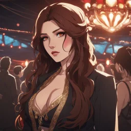 anime style, An Arrogant-Looking Young Woman With Pale Skin, Red Eyes, And Long Brown Hair. In a nightclub. High Definition, Greg Rutkowski, 8k Resolution, Intricate Details