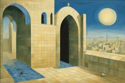 an open Arab gate in a blue-tiled wall with a view of an old city by artist "Rene Magritte",by artist "Leonora Carrington"