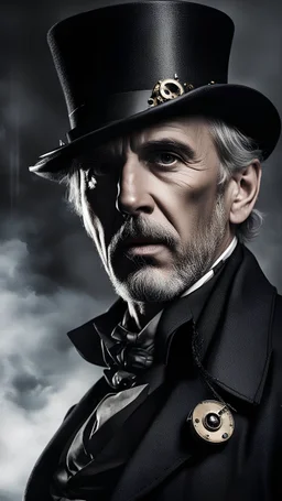 steampunks-style a standing figure adult Jason Robards wounded face without a beard with a bowler hat dressed in elegant black in London at midnight