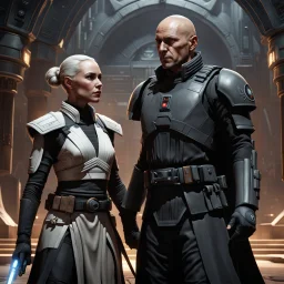 a bold and heroic bald male Corellian pilot in black and metallic grey First Order special forces gear meets a female Jedi Master in ancient, mystical temple, hyperdetailed, dynamic lighting, hyperdetailed background, 8k resolution, volumetric lighting, light skin, fully symmetric details