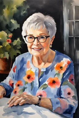 watercolor painting, chiaroscuro, deep shadows, masterpiece, happy, 2020 caught off guard, 79-year-old Phyllis Kendall, short pixie-cut, shag-cut straight, dark salt and pepper hair, overweight, blue eyes, great big, round lensed eyeglasses, wearing a black, floral print, short-sleeved, pull-over shirt, dark blue sweatpants, sitting at the computer checking her emails