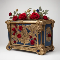 A golden antique chest with red roses and midnight blue appliqués.White background