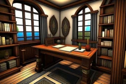 Fantasy medieval study room with desk front view