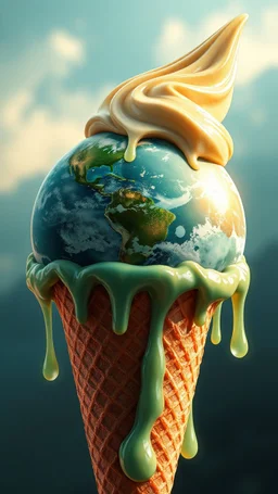 art create a 4k image of planet earth as an ice cream cone in it an illustration in the style of Luis Royo, Rarth as an ice cream large droplets of viscous syrupy fluid, burnished jade,