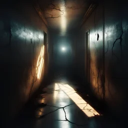 Gloomy corridor at far end door cracked open with bright light glaring out, glare effect, artistic diagonal line composition, tilted, unbalanced, styled by Stephen Gammell and Jack Kirby, asymmetrical horror surrealism, rich deep colors, trending on Artstation, creepy, eerie, gritty