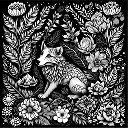 black and white. animal between seeds and big flowers. black background. for a coloring.
