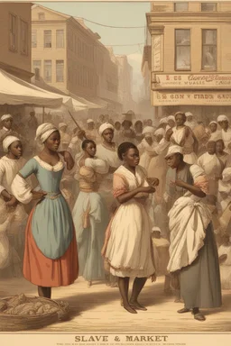 Visualize the bustling slave market in major U.S. cities. Show the duo dominating the trade, with emphasis on the transportation of 10,000 people. Include imagery of the "fancy girls" and their high market value