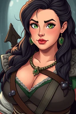 In a realistic, non-anime, vintage cartoon style: Bust shot of 35-year old, chubby Scandinavian dark-haired lady with green eyes and very thick lips who is dressed as Warrior Princess