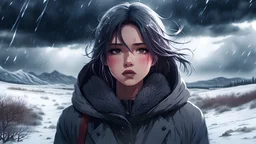 A sad beautiful girl, crying, walk in a desolate winter landscape, with a storm brewing overhead, capturing the emotional intensity of a cold drama. highly detailed eyes and lips, HDR, 8K, ultra detailed, High quality, anime, lo-fi style.