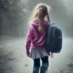 a cute girl who is around the age of 6 years ago caring her school bag as she is walking to school , dramatic, dramatic lighting, volumetric lighting, hyperrealism, 8k, high quality, photorealistic, lot of details